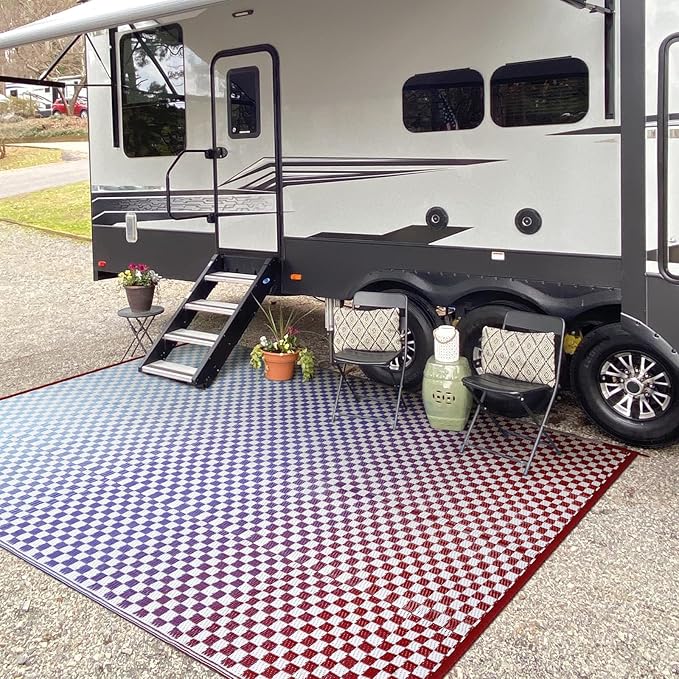 Wonnitar 8x10 Waterproof Outdoor Rug - Blue Purple Ombre Checkered Patio Rugs, Lightweight Reversible Mat for Deck Porch RV Picnic, Large Camping Carpet with Colorful Grid Design