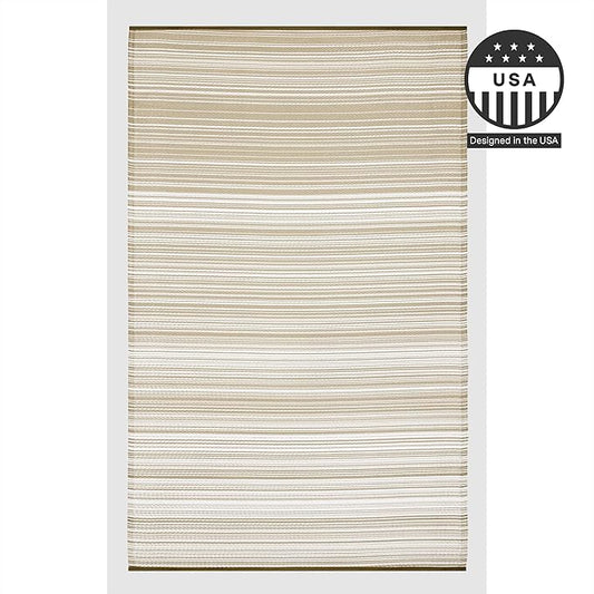 FH Home Outdoor Camping Rug - Waterproof, Fade Resistant, Reversible - Premium Recycled Plastic - Striped - Large Patio, Deck, Sunroom, RV - Havana - Beige - 4 x 6 ft Foldable
