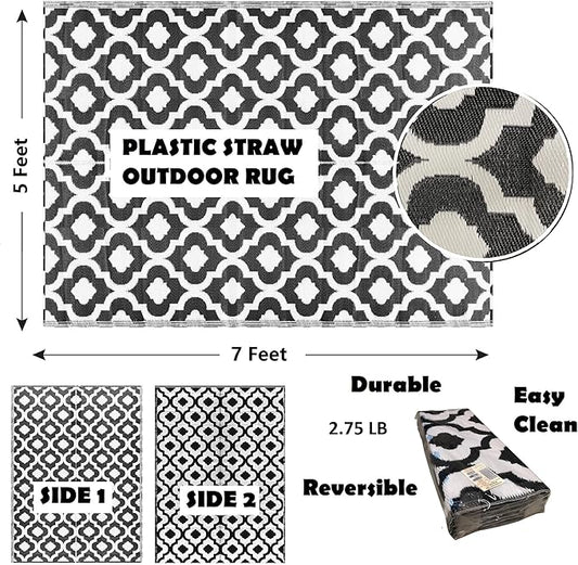 BalajeesUSA Outdoor Rug - 5x7 Black, Reversible Recycled Plastic Straw Outdoor Patio Rugs Clearance Waterproof Large RV Camper Mats 507