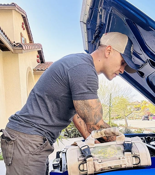 The Ryker Roll Up Tool Bag Organizer Gifts for Dad. Heavy Duty Motorcycle Tool Roll Bag Organizer. Portable Rollup Toolbag w/Detachable Pouches - Tools Bags Mens gifts for him/Mechanic - Camouflage