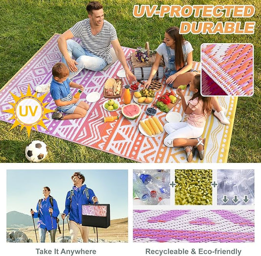 Lahome Outdoor Plastic Straw Rug, Reversible Outdoor Rug Waterproof 9x12 Rugs for Patio, RV Camping Rug Picnic Mat Outside Large Carpet for Beach Deck Backyard Balcony(Orange/Purple,9'x 12')