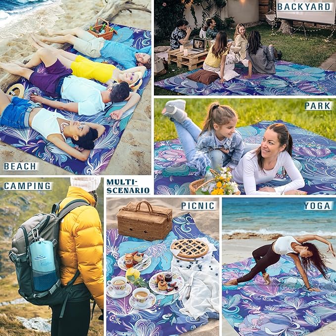 Beach Blanket Sandproof Waterproof 78''ร81''1-5Adults Oversized,Compact Lightweight Durable Beach Mat for Travel Camping Hiking Picnic Blanket