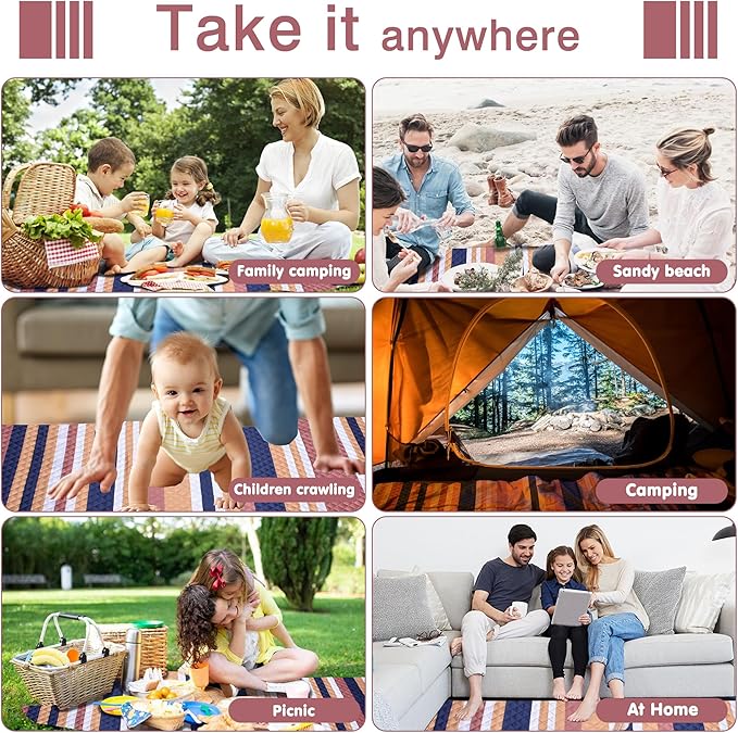 Waterproof Picnic Blanket 80" x 60" in Portable with Carry Strap for Beach Mat or Family Outdoor Camping Party, Park Blanket for Grass Park, Hiking, Travel, Concerts (Brown&Orange, 80" x 60")
