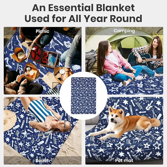 Waterproof Outdoor Blanket, 78.7x55inch, Printed Large Picnic Blankets, Foldable Picnic Mat, Camping Blanket for Picnic, Grass, Park, Lawn, Beach - Star and Guitar