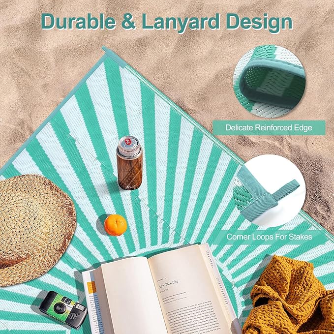 Wonnitar Waterproof 9x12 Outdoor Rug - Outdoor Plastic Straw Rug for Patio, Lightweight Extra Large RV Outside Camping Carpet, Portable Mat for Garden Balcony Beach (Blue-Green, 9'x12')