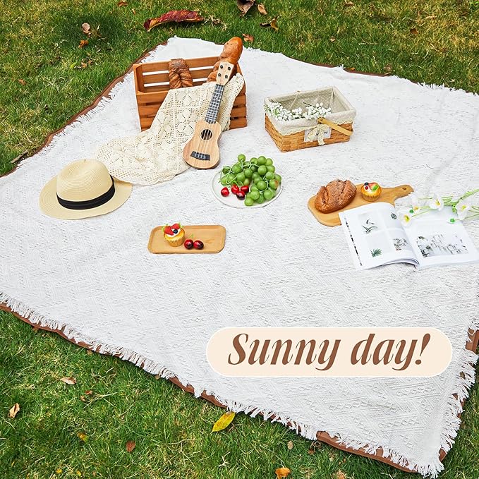 Waterproof Picnic Blankets Outdoor Blanket Foldable 2 in 1 Double Layer Sandproof Beach Mat with Carry Strap for Camping Lawn Park Beach Grass(White,71 x 71 Inches)