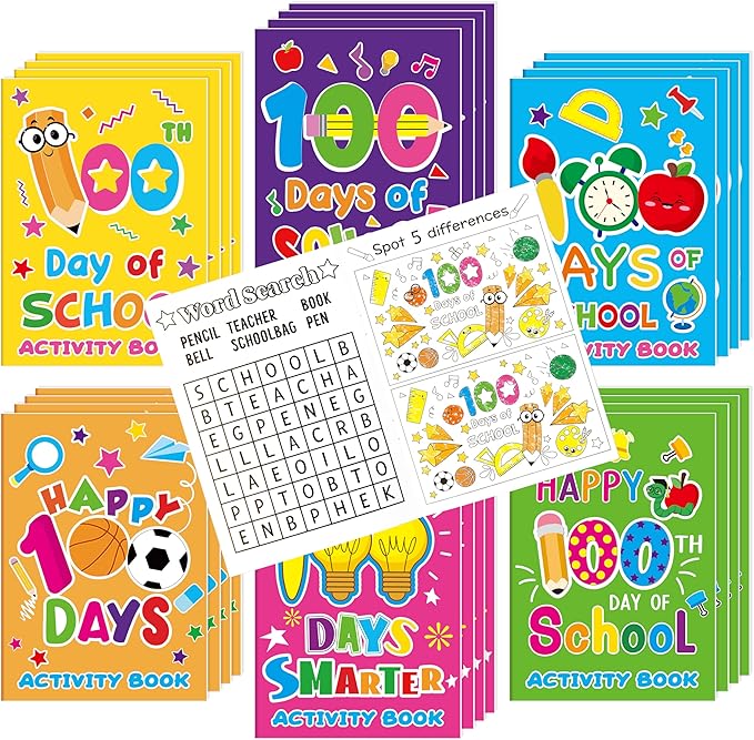 100th Day of School Activity Books for Kids - 24Pcs Happy 100 Days Mini Games Coloring Book Set Bulk Mazes Word Search Word Scramble Games for School Classroom Reward DIY Art Gifts Party Favors