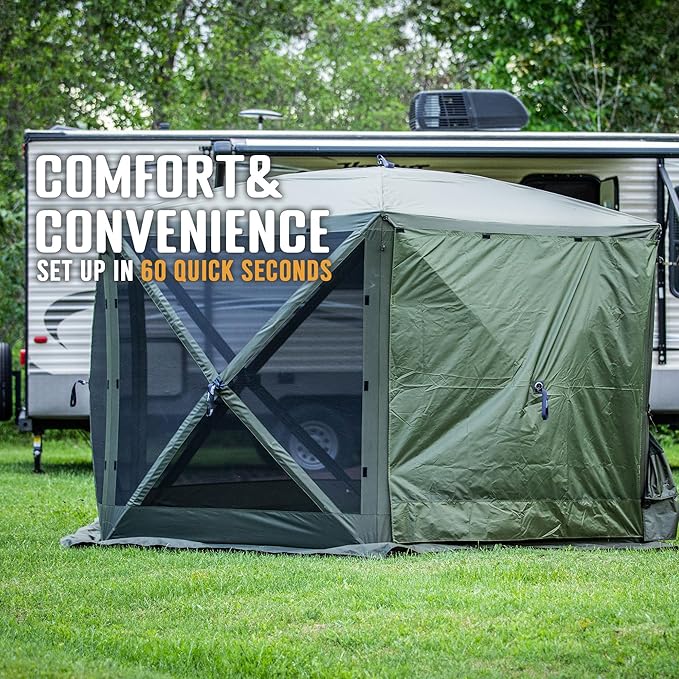 CLAM Quick-Set Escape 11.5 x 11.5 Ft Portable Pop-Up Outdoor Camping Screen Tent 6-Sided Canopy Shelter w/Carry Bag & 6 Sun and Wind Panels, Green