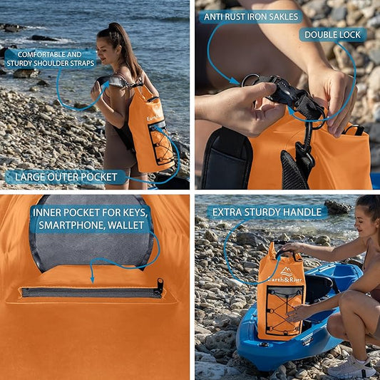 EARTH&RIVER Premium Dry Bag Backpack, Extra Thick, Protection for All Water Activities & Camping, Floating Lightweight Dry Bag with Inside Pocket Storage & IPX8 Waterproof Phone Case (Orange, 40L)