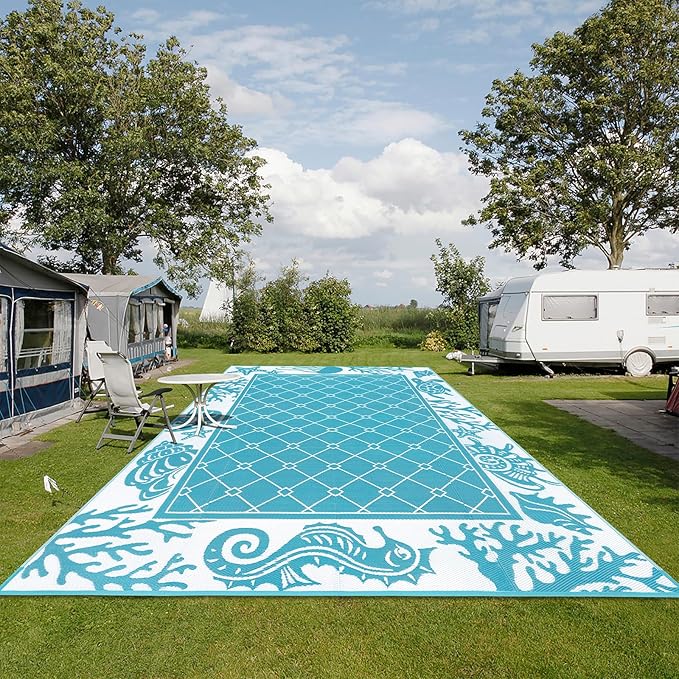 Vaukki Reversible Rugs, Plastic Straw Outdoor Doormat, Fade Resistant Plastic Outdoor Patio Mat, Lightweight Ocean Area Carpet for Patio, RV, Camping, Beach, Deck, Backyard and Picnic (Teal, 9'x12')
