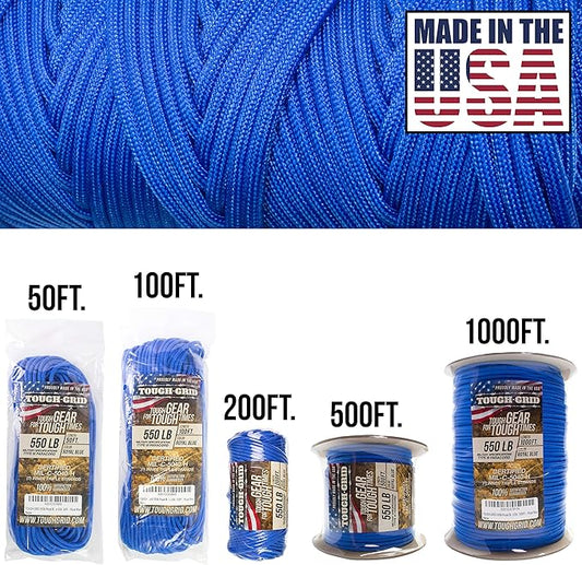 TOUGH-GRID Premium Royal Blue Paracord 550 lbs Made in USA Outdoor Survival Nylon Rope Tactical Heavy Duty Strands Parachute Cord Used by US Military Type III Mil-Spec