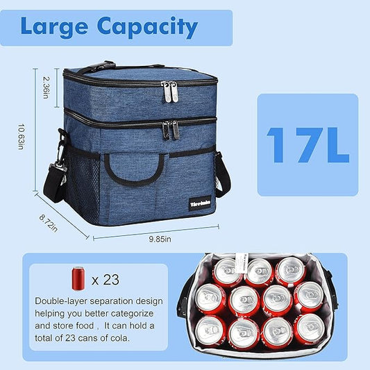Tirrinia Large Insulated Lunch Box for Women Men, Double-Layer Leak-Proof Reusable Lunch Bag with 4 Pockets for Adult, Lunch Bag Cooler Tote for Office Work and Travel,Dark Blue