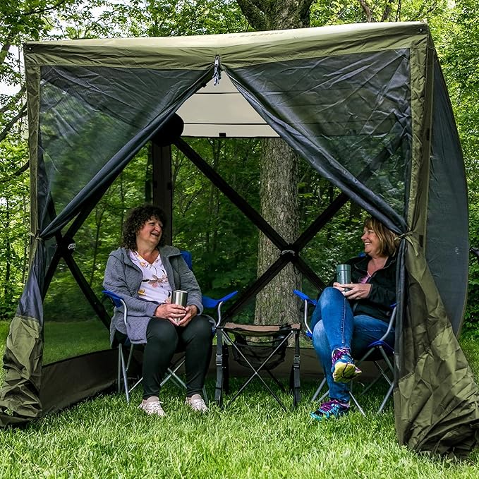CLAM Pop Up Screen Tent, Outdoor Camping Gazebo Canopy, Traveler, 6', Green/Tan