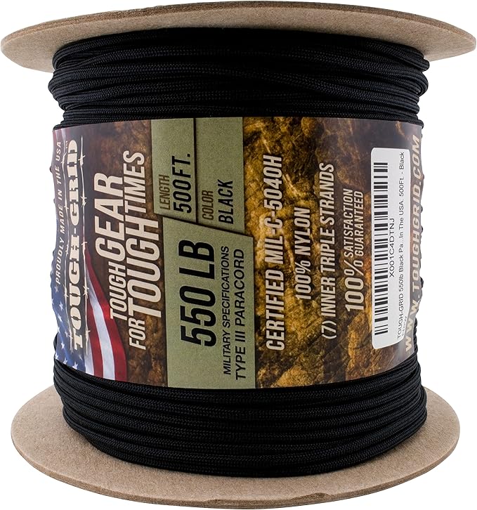 TOUGH-GRID Premium Black Paracord 550 lbs Made in USA Outdoor Survival Nylon Rope Tactical Heavy Duty Strands Parachute Cord Used by US Military Type III Mil-Spec