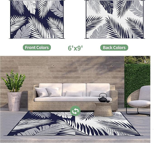GENIMO Outdoor Rug 6' x 9' Waterproof for Patios Clearance, Reversible Outdoor Plastic Straw Camping Rug Carpet, Large Area Rugs Mats for RV, Camper, Deck, Balcony, Porch, Beach, Navy Blue&White