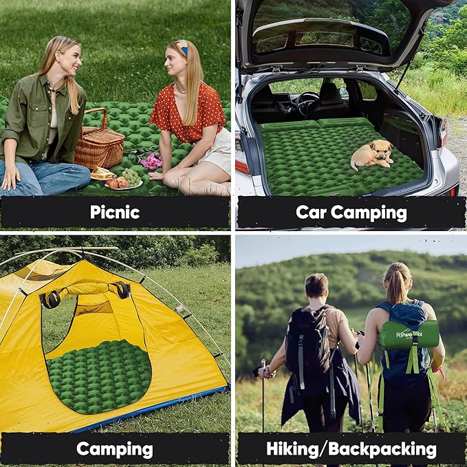 POWERLIX Double Camping Sleeping Pad Camping Pad for 2 Person with Pillow Built-in Foot Pump Inflatable Sleeping Pad, Backpacking, Hiking, Portable Camping Mattress Green