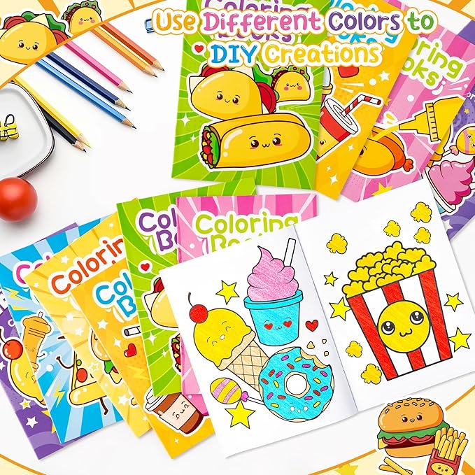 Junk Food Coloring Books for Kids- 24Pcs Bulk Fast Food Mini Coloring Booklet DIY Art Drawing Book with Hot Dogs Pizza Hamburger Coke for Toddlers Birthday Party Favors Goodie Bag Filler