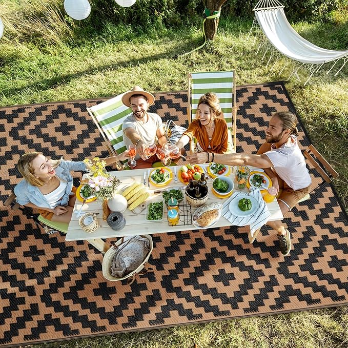Outdoor Patio Plastic Straw Rug - 8'x10' Outdoor Camping Rug Waterproof Reversible, Area Carpet Patios Clearance RV, Outside Porch Balcony Deck for Camper, Black & Brown