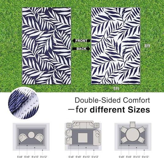 OLANLY Waterproof Outdoor Rug 5x8 ft, Reversible Outdoor Plastic Straw Rug with Leaf Pattern, RV Mat, Indoor Outdoor Carpet for Patio, Camping, Balcony, Deck, Backyard, Navy & White