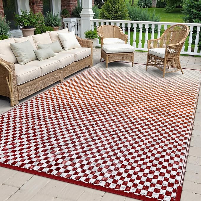 Wonnitar Waterproof 9x12 Outdoor Rug - Orange Red Gradient Plastic Straw Rug for Patio, Extra Large Portable Outside Mat for RV Camping Deck, Reversible Colorful Outdoor Carpet