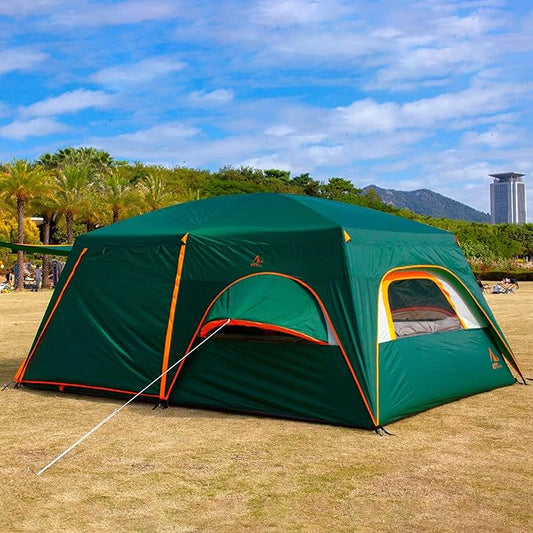 KTT Extra Large Tent 12 Person,2 Bay-Windows,Family Cabin Tents,14'Lx10'Wx6.58'H,2 Rooms and 3 Doors 3 Windows with Mesh,Waterproof,Straight Wall,Big Tent for Outdoor,Picnic,Camping,Gathering