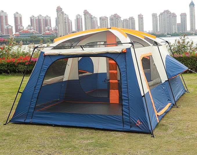 KTT Extra Large Tent 12 Person,2 Bay-Windows,Family Cabin Tents,14'Lx10'Wx6.58'H,2 Rooms and 3 Doors 3 Windows with Mesh,Waterproof,Straight Wall,Big Tent for Outdoor,Picnic,Camping,Gathering