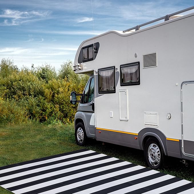 FH Home Outdoor Camping Rug - Waterproof, Fade Resistant, Reversible - Premium Recycled Plastic - Striped - Large Patio, Deck, Sunroom, RV - Brittany Stripe - Black & White - 9 x 18 ft Foldable