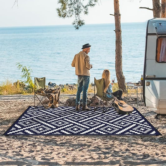 GENIMO Outdoor Rug for Patio Clearance, 6'x9' Waterproof Camping Mat, Reversible Plastic Straw Rugs for RV, Camper, Balcony, Backyard, Picnic, Deck (Mix Navy Blue White)