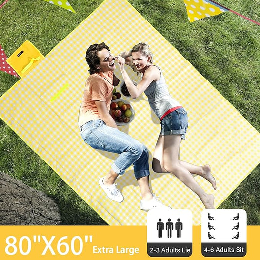Picnic Blanket Outdoor Extra Large Picnic Mat 80"X60" Camping Blanket Beach Blanket Foldable Waterproof Sand Mat Hiking Travel Family Concerts(Yellow)