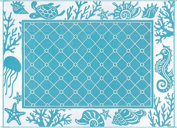 Vaukki Reversible Rugs, Plastic Straw Outdoor Doormat, Fade Resistant Plastic Outdoor Patio Mat, Lightweight Ocean Area Carpet for Patio, RV, Camping, Beach, Deck, Backyard and Picnic (Teal, 9'x12')