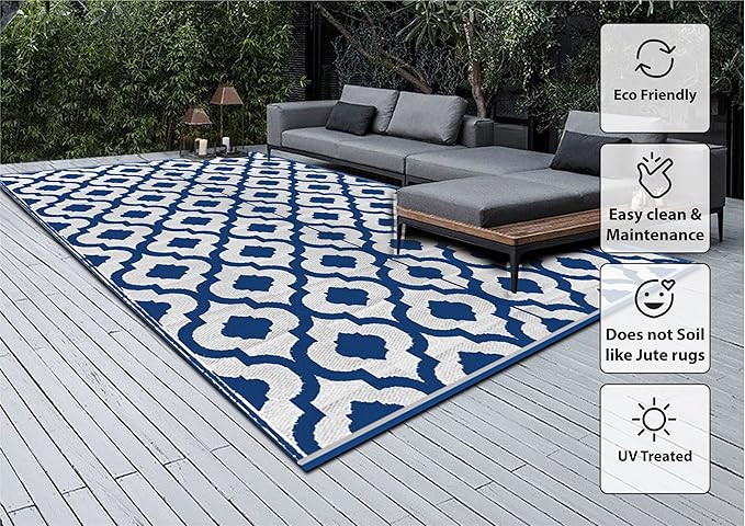 BalajeesUSA Recycled Outdoor Plastic Patio Rugs Clearance Waterproof RV Camper Rug Large Reversible mats 6'x9' Blue & White 20317
