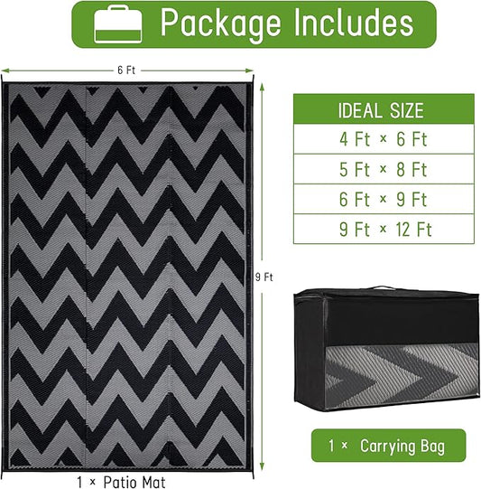 Easy-Going Reversible Outdoor Rugs 6x9ft Waterproof Plastic Straw Rug Stain & UV Resistant Floor Mat for Patio Porch RV Backyard Pool Deck Picnic Beach Trailer Camping (Waved Black & Grey)