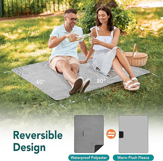 SUN CUBE Large Waterproof Camping Blanket, Fleece Quilted Stadium Blanket for Cold Weather, Windproof Foldable Outdoor Blanket Mat for Picnic, Beach, Pets, Car, 60x80in