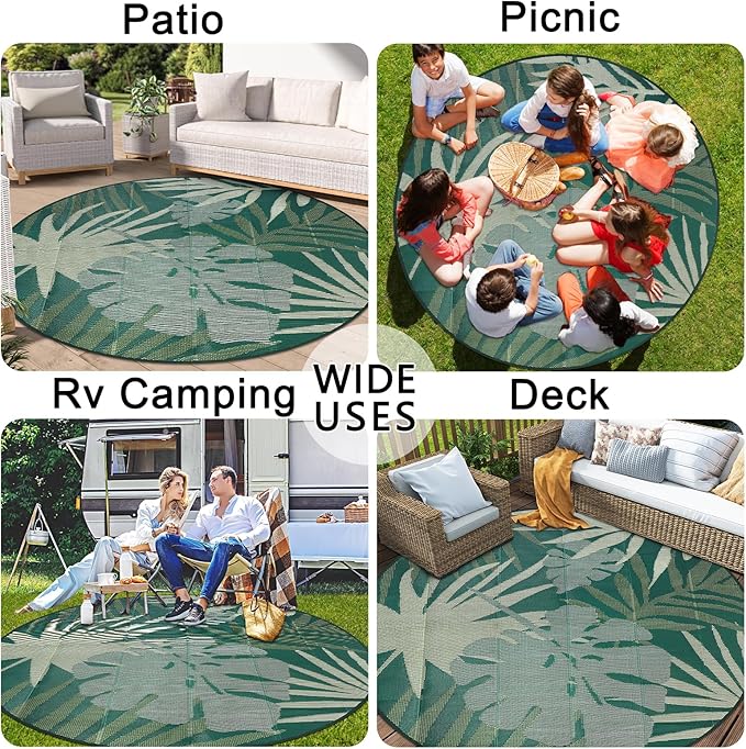 Homcomoda Round Outdoor Rugs 8Ft Waterproof Reversible Patio Rugs Outdoor Clearance Lightweight Outdoor Rugs Portable RV Camping Mats for Tents Deck Porch BBQ Beach Backyard