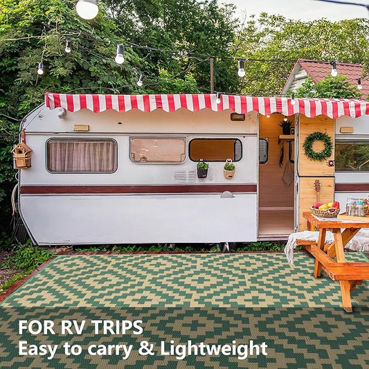 Outdoor Patio Plastic Straw Rug - 8'x10' Outdoor Camping Rug Waterproof Reversible, Area Carpet Patios Clearance RV, Outside Porch Balcony Deck for Camper, Green & Yellow