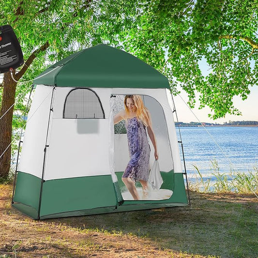 Outsunny Shower Tent, Pop Up Privacy Shelter for Camping, Dressing Changing Room, Portable Instant Outdoor Shower Tent Enclosure w/ 2 Rooms, Shower Bag, Floor and Carrying Bag