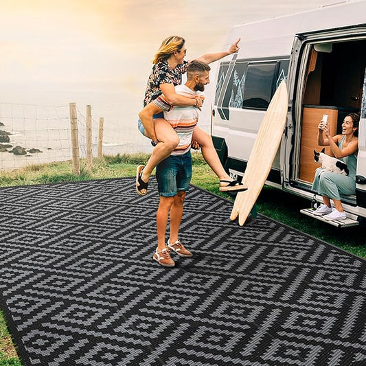 GENIMO Outdoor Rug for Patio Clearance,9'x18' Waterproof Mat,Reversible Plastic Camping Rugs,Rv,Porch,Deck,Camper,Balcony,Backyard,Black & Gray
