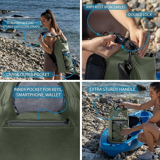 EARTH&RIVER Premium Dry Bag Backpack, Extra Thick, Protection for All Water Activities & Camping, Floating Lightweight Dry Bag with Inside Pocket Storage & IPX8 Waterproof Phone Case (Army Green, 40L)