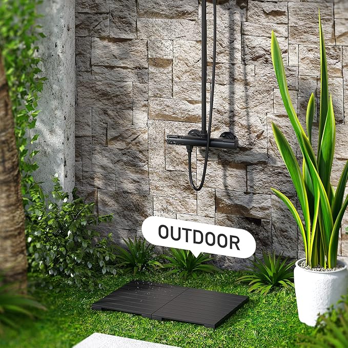 Waterproof Bamboo Bath Mat for Shower, Foldable | Non-Slip | Heavy Duty, Wooden Bath Mat, Floor Mat and Doormat for Indoor Outdoor (Black, 23.5 x 15.6IN)
