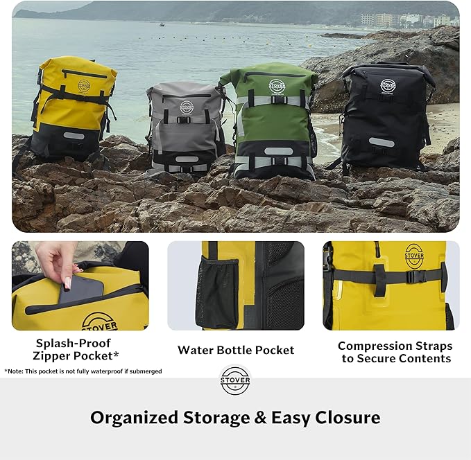 STOVER 5/10/25/30/40/55L Waterproof Dry Backpack- Large Floating Dry Bag for Kayaking, Travel, Tubing, Hiking, Fishing, Camping, Motorcycles & the Beach, Heavy-Duty Roll Top Men/Women (Yellow)
