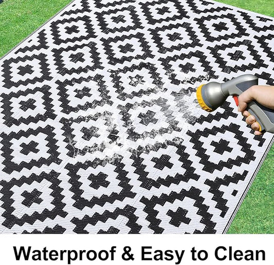 Smiry Waterproof Outdoor Rug 9x12 ft, Reversible Plastic Straw Patio Camping Rugs, Outdoor Indoor RV Mat Carpet for Patio, Outside Entry, Backyard, Deck, Bench, Picnic, Camper, Black & White