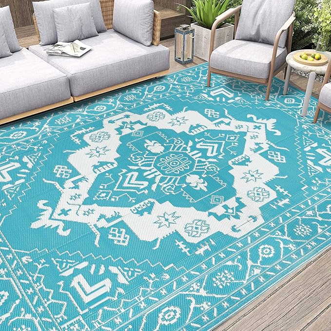 Pauwer Waterproof Outdoor Rug 9x12, Reversible Plastic Straw Patio Camping Rug, Indoor Outdoor RV Mat Carpet for Deck, Camper, Porch, Balcony, Backyard, Picnic, Medallion Teal