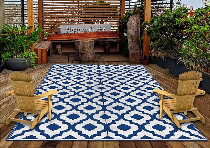 BalajeesUSA Recycled Outdoor Plastic Patio Rugs Clearance Waterproof RV Camper Rug Large Reversible mats 6'x9' Blue & White 20317