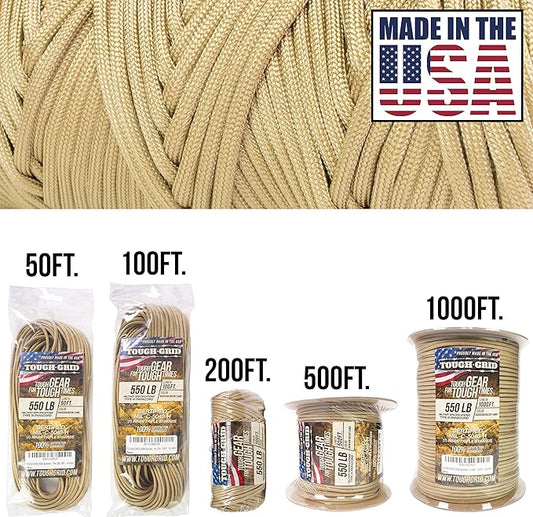 TOUGH-GRID Premium Buckskin Paracord 550 lbs Made in USA Outdoor Survival Nylon Rope Tactical Heavy Duty Strands Parachute Cord Used by US Military Type III Mil-Spec