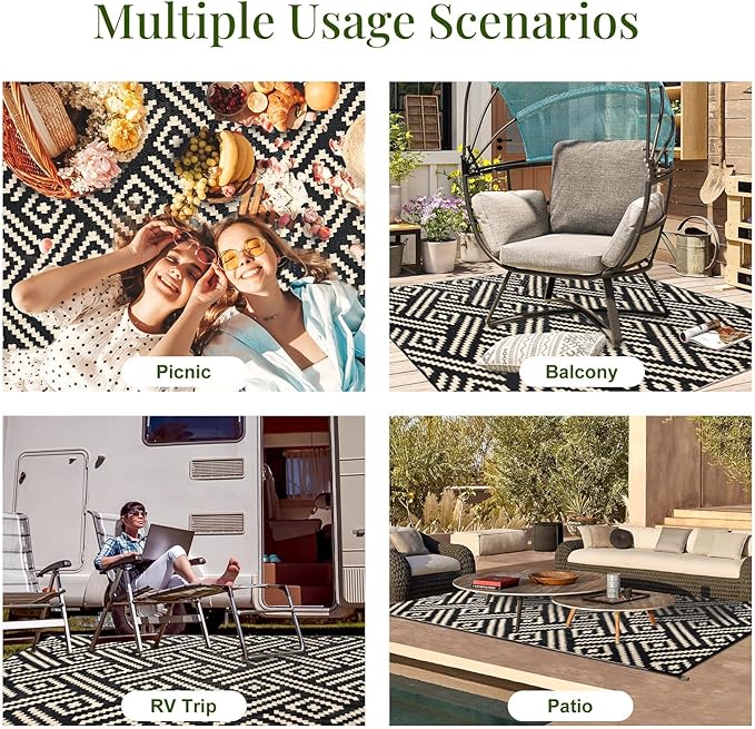 OPPODREAM Outdoor Rug 8x10 Patio Waterproof, Large Outdoor Plastic Straw Rug, Reversible Out Door Carpet Camping Essentials, Deck, Rv, 8 x 10 Area Carpet for Balcony, Porch, Backyard, Black & Beige