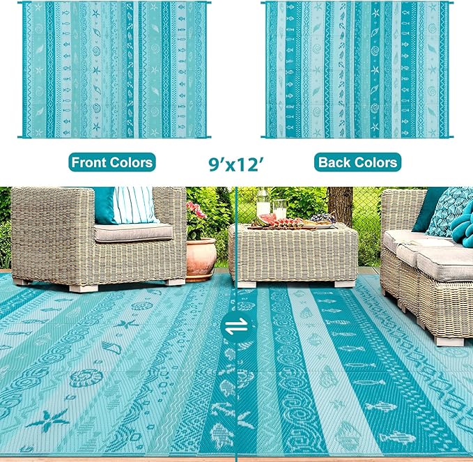 Lahome Outdoor Plastic Straw Rug, Reversible Outdoor Rug Waterproof 9x12 Rugs for Patio, RV Camping Rug Picnic Mat Outside Large Carpet for Beach Deck Backyard Balcony(Blue/Multi,9'x 12')