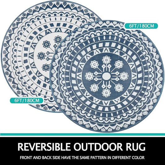 Capslpad 6Ft Round Outdoor Rug for Patios Clearance Reversible Mat Plastic Straw Patio Rugs Lightweight RV Camping Mat Circle Outside Area Rug Carpet for Balcony Deck Trailer Picnic,Blue