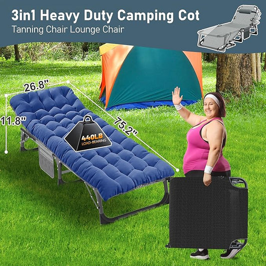 ABORON Folding Camping Cot for Adults, Heavy Duty 3-in-1 Bed for Guest Sleeping, Adjustable Double-Layer 1200D with Mattress & Carrying Bag for Home, Office, Vacation, Hospital Use