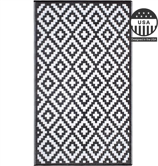 FH Home Outdoor Camping Rug - Waterproof, Fade Resistant, Reversible - Premium Recycled Plastic - Geometric - Large Patio, Deck, Sunroom, RV - Aztec - Black & White - 9 x 12 ft Foldable
