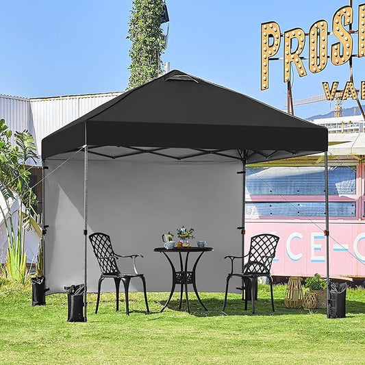 Yaheetech 10x10 Pop up Canopy Tent w/1 Sidewall, Instant Commercial 150D Silver Coated Fabric Outdoor Instant Tent w/Wheeled Bag, 4 Sandbags, 8 Stakes & 4 Ropes for Parties, Camping, Beach, Black